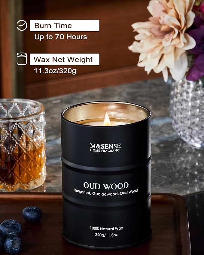 M&SENSE Oud Wood Scented Candles Natural Soy Wax, 11.3oz Long Lasting Up to 70 Hours Burning Time, Unique Candle Gifts for Men Women
