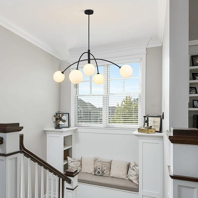Mid Century Chandelier Black Ceiling Light 5 Light Sputnik Light Fixture with White Glass Globe Adjustable Modern Sputnik Chandelier for Dining Room Kitchen Bedroom…