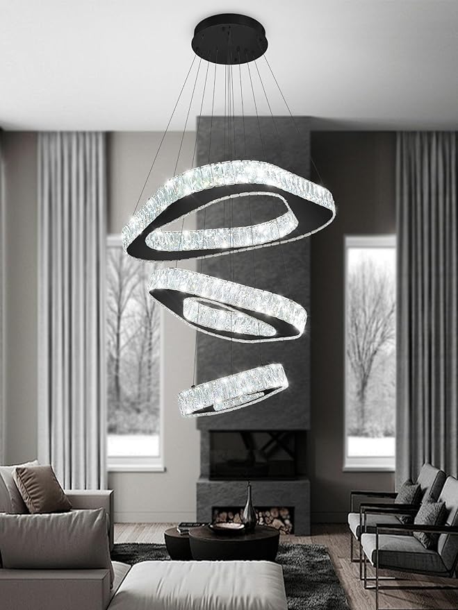 Modern Black Chandelier Adjustable 3 Rings Crystal Chandelier for Living Room Foyer Stairwell Lighting High Ceiling Light Dimmable 2700K-6000K