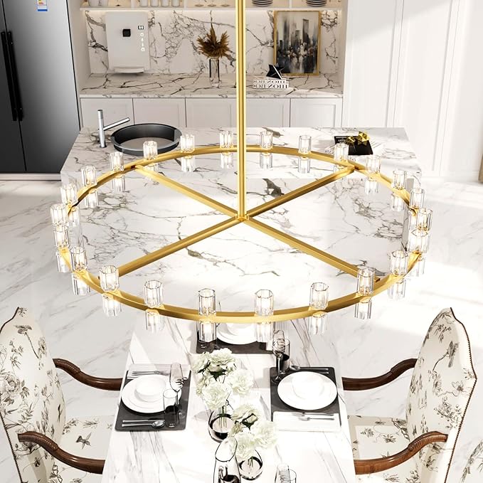 Dia 48inch Gold Chandelier,Large Wagon Wheel Chandelier,48-Lights Large Round Pendant Lighting Fixture for Dining Room,Living Room,Kitchen Island,Foyer