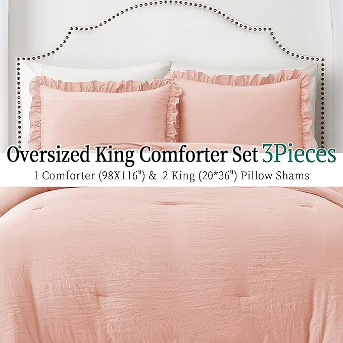 Bonlino Bedding Comforter Set Queen - 3 Pieces Farmhouse Comforter Ruffle Boho Bed Comforter, Fluffy Soft Lightweight Bedding Chic Rustic Country Style for Home Bedroom Dorm (Queen, Blush Pink)