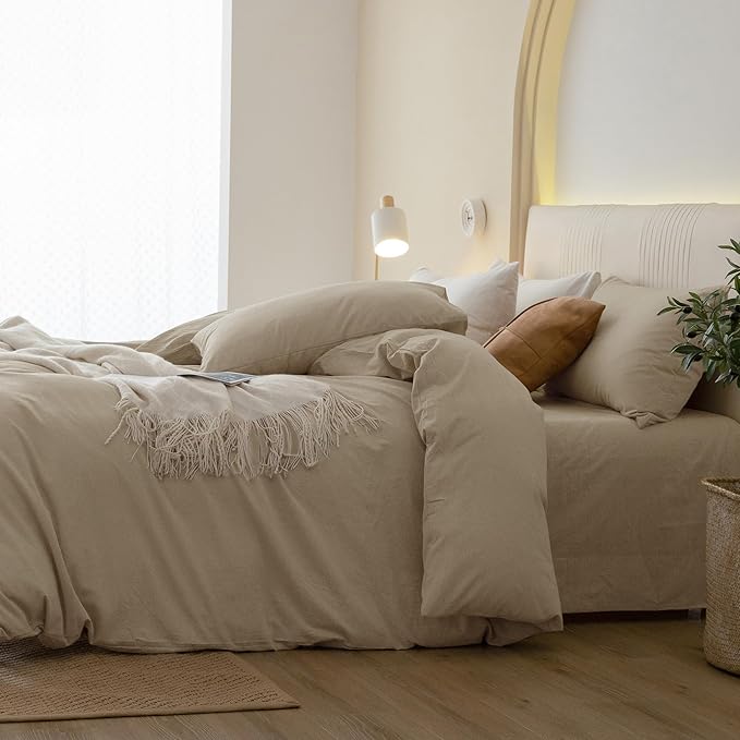 JIYUAN 100% Washed Cotton Duvet Cover Set 3 Pieces Oversized Queen, 1 Duvet Cover 98x98 Inches(Comforter Not Included) and 2 Pillowcases,Linen Feel Bedding Set Comfy and Breathable, Heathered Tan