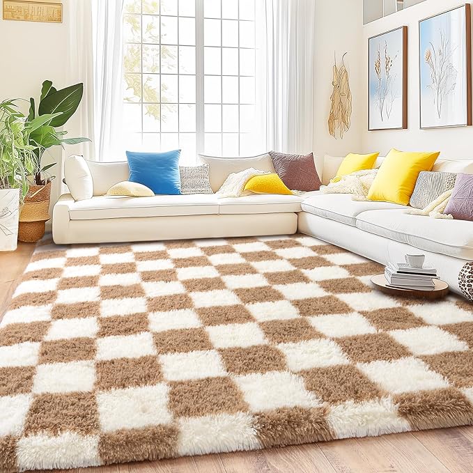 Checkered Rugs for Bedroom, 4x6 Ultra Fluffy Fuzzy Shag Area Rug for Living Room, Modern Plush Soft Upgrade Non-Slip Carpet for Kids Girls and Boys Room Dorm Nursery Home Decor, Cream and Camel