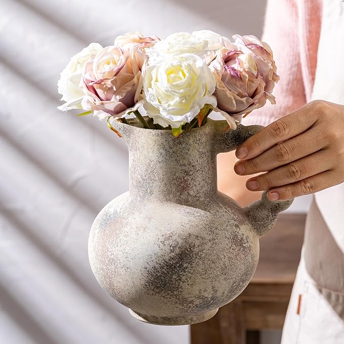 Antique Flower Ceramic Vase with Handle, Vintage Pitcher Terracotta Vases, Boho Decor Farmhouse Stone Pottery Vases, Rustic Decorative Vase for Home Decor, Table, Living Room, Mantel, Wedding 6.9 Inch