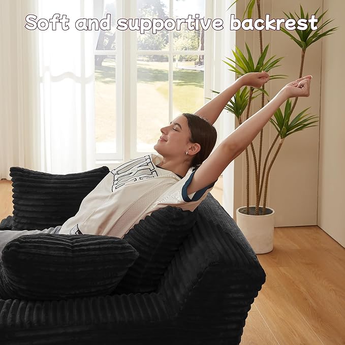 78.7” Chaise Lounge Chair Indoor, Corduroy Upholstered Boneless Sofa Bed with Throw Pillows, Comfy Lounge Sleeper Sofa with Deap Seat for Living Room Bedroom, No Assembly Required, Black