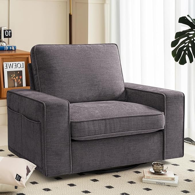 Swivel Accent Chair for Living Room Comfy Single Sofa Chair Soft&Breathable Padding with Extra Wide Armrests Washable Detachable Cover (Dark Gray)