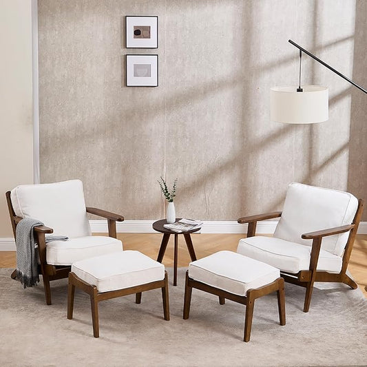 Living Room Accent Chairs Set of 2 Mid Century Modern Reading Arm Chair with Ottoman, Fabric Bedroom Chair with Soild Wood Frame, Elegant Upholstered Side Chair, Beige-Fabric