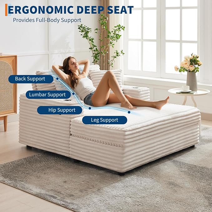 GarveeHome Oversized Chaise Lounge Chair Indoor, Comfy Corduroy Lounge Sofa with Charging Station, Cup Holders & Throw Pillows, Cozy Sleeper Couch for Living Room Apartments, Beige