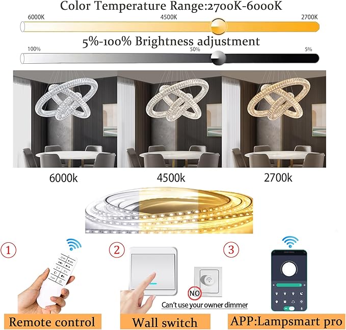 3 Rings Silver Crystal Chandeliers for Living Room High Ceiling Chandeliers for Foyer LED Dimmable3000-6000K D32''+D24''+D16''