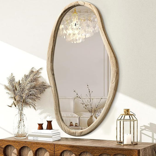 JJUUYOU Irregular Wood Mirror Asymmetrical Bathroom Wall Mounted Mirror 34"x22" Large Horizontal or Vertical Hanging Wall Mirrors for Makeup Bedroom Living Room Wood