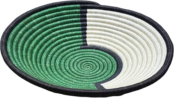Handwoven African Basket Handmade sisal Fruit Bowl Wall Hanging decorative Baskets for Home Living Room Kitchen Centerpiece Zen Designs Arts and Crafts (Green Black White, 10in diameter)