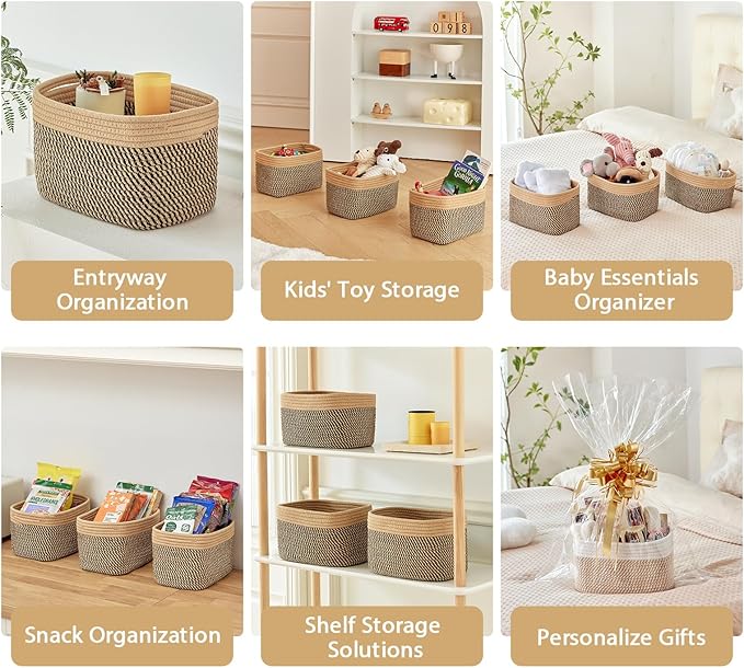 Small Cotton Rope Basket – Storage Bin for Organizing (10.6" x 6.7" x 6.7"), Bathroom Storage Basket for Shelf, Counter & Closet（Camel & Mixed Black）