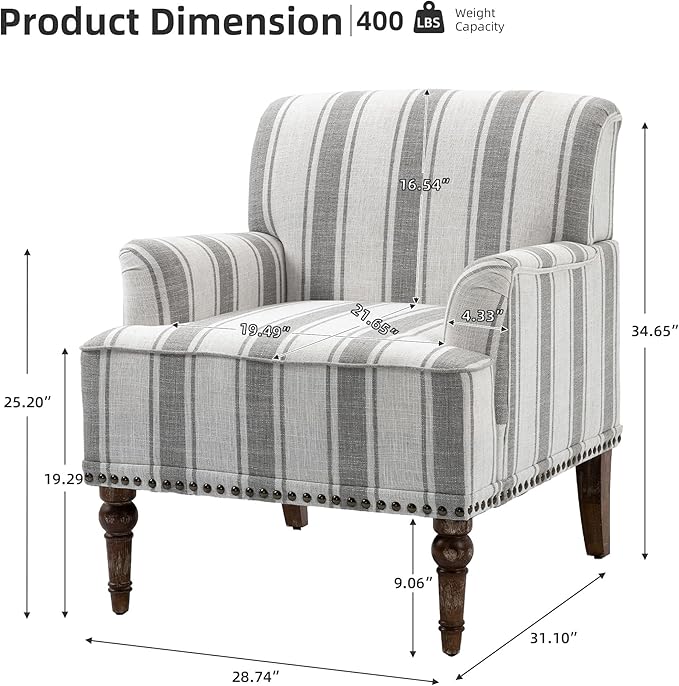 Lumibee Modern Accent Chair with Arms,Mid Century Stripe Armchair for Living Room,Comfy Linen Fabric Single Sofa for Apartment Bedroom,Comfortable Cushioned Seat for Reading Home Office-Gray Stripe