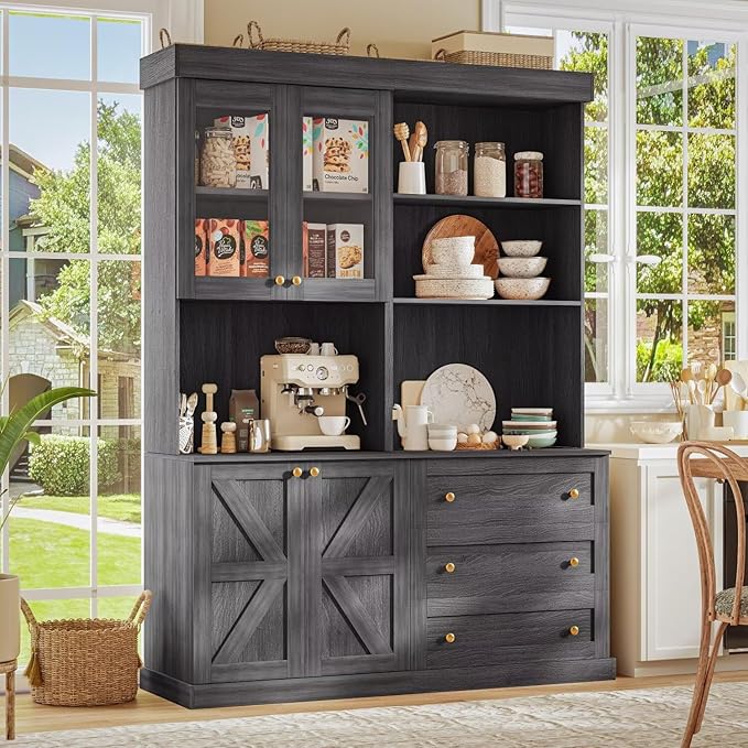 71" Black Farmhouse Kitchen Pantry Cabinet Set of 4— Freestanding Coffee Bar with Glass Doors or Drawers, Microwave Stand, Large Storage Hutch with Adjustable Shelves for Kitchen, Living Room