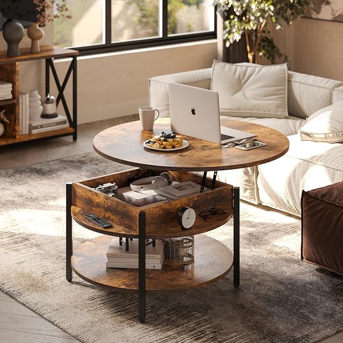 FABATO Round Lift Top Coffee Table with Storage and Hidden Compartment, 26.77'' Farmhouse Coffee Table for Living Room Reception Room, 2 Tier Small Round Coffee Table Circle Dining Table, Rustic Brown