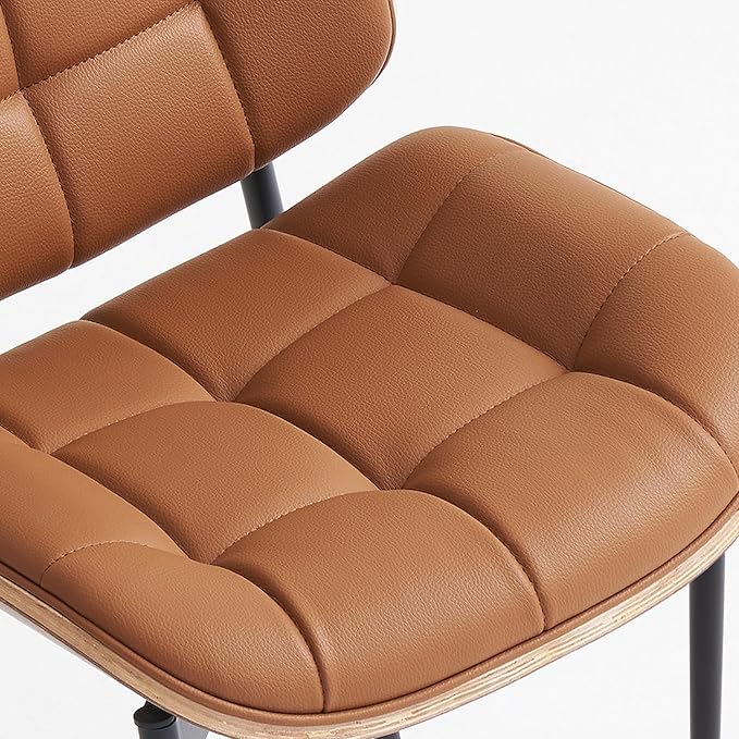 Mid Century Modern Dining Chairs with Walnut Grain Back, Brown Faux Leather Dining Room Chairs Set of 2, Checkered Soft Cushion Kitchen Chairs with Adjustable Foot Pads