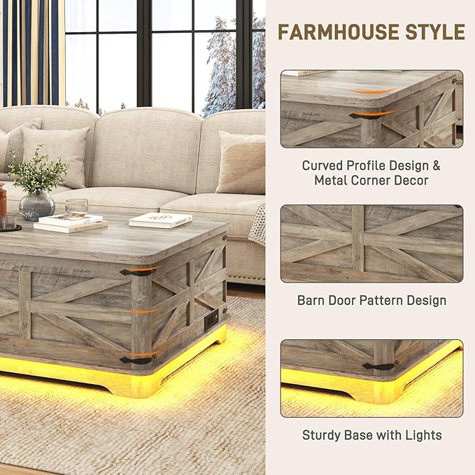 36" Farmhouse LED Lift Top Coffee Table with Storage and Power Outlets, Square Wood Living Room Tables with LED Lights & Large Hidden Space, Lift Wooden Barn Door Center Table, Grey