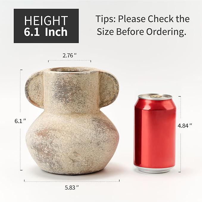 Antique Ceramic Vase with 2 Handles, 6.1 Inch Farmhouse Rustic Vase, Small Decorative Pottery Flower Vases for Home Decor, Wedding, Living Room, Table, Shelf Decor, Terra