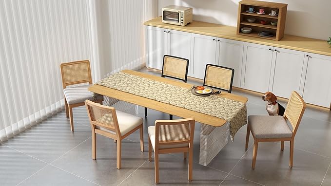 LukeAlon Farmhouse Rattan Dining Chairs Set of 4, Mid Century Modern Linen Kitchen & Dining Chairs with Solid Wood Legs, Woven Cane Upholstered Kitchen Chairs Side Chairs for Dining Room, Beige