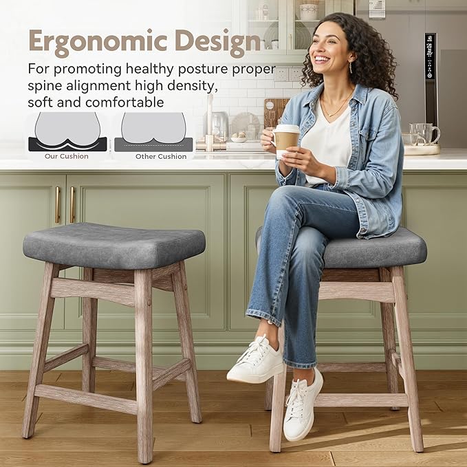 MAISON ARTS Counter Height Bar Stools Set of 3 for Kitchen Counter Solid Wood Legs with Fabric Saddle Seat Farmhouse Barstools for 34"-38" Counter Island Upholstered Stools, 24in, Grey Cushion