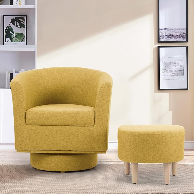 DAZONE Swivel Accent Chair with Ottoman, Modern 360° Barrel Chairs for Living Room, Bedroom, Comfortable Upholstered Club Tub Reading Chair, Yellow