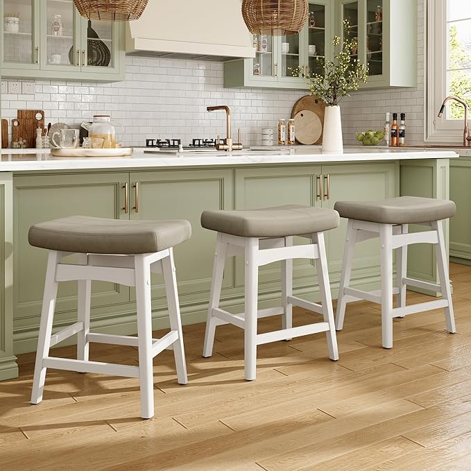 MAISON ARTS Beige Counter Height Bar Stools for Kitchen Counter Solid Wood Legs with Faux Leather Saddle Seat Farmhouse Barstools for 34"-38" Counter Island Upholstered Stools, 24in Height