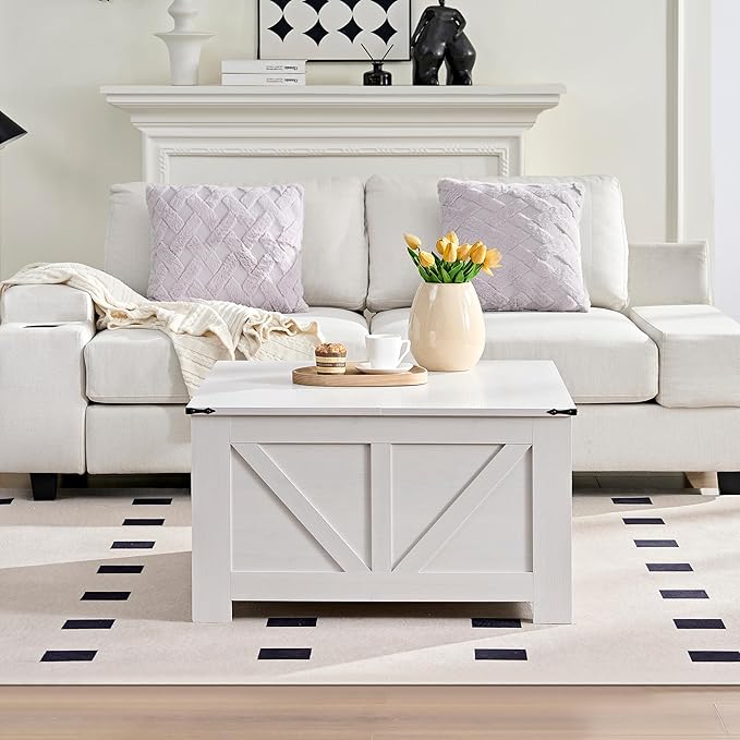 Farmhouse Coffee Table for Living Room, Wood Square Coffee Tables, 31.5" W x 31.5" D, White