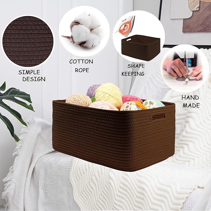 COMFY-HOMI 2 pcs Large Storage Baskets for Shelves, Laundry Basket, Woven Rope Basket, Closet Organizer Bins for Clothes Blanket Towels, Baby Nursery, Gift Toy Baskets, 17” x 13” x 7.5”-Dark Brown