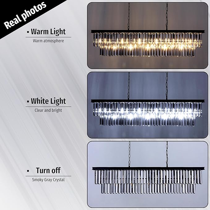 Wellmet Crystal Chandelier 47 inch, 11-Light Modern Smoke Grey Rectangular Crystal Chandelier Ceiling Hanging, Linear Chandeliers Light Fixture for Living Room, Dining Room, Bedroom, Kitchen Island