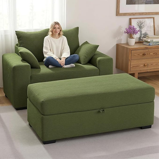Indoor Chaise Lounge Chair with Storage Ottoman, Modern 60-Inch Lounge Sofa Chair with Wide Armrests & 4 Pillows, Oversized Comfy Reading Lounger for Living Room, Bedroom（Medium-Rib Corduroy Green）