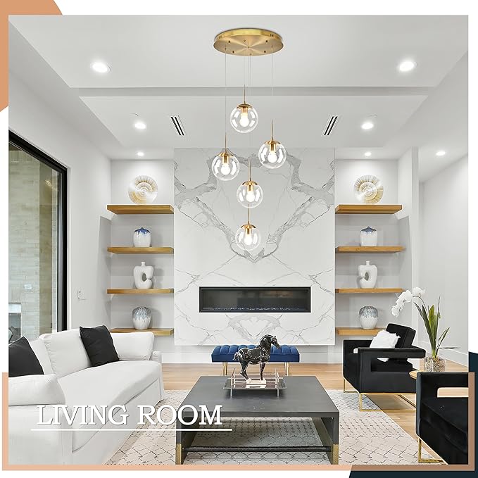 KoKo&Yukina 5-Light Globe Glass Pendant Light Adjustable Length Pendant Lights Modern Gold Clear Globe Glass Chandelier High Ceiling Lights Fixtures for Foyer Staircase Entryway (Bulb & Remote Incl.)