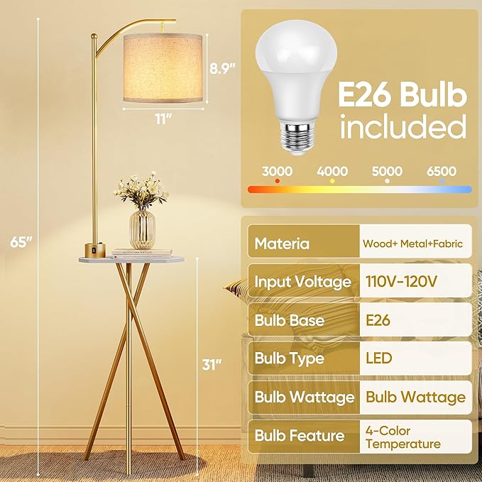 ROTTOGOON Floor Lamp with Table, End Table Lamp with Remote Control and Charging Station(USB & Type-C & AC Port), 4 Color Temperatures, Floor Lamps for Living Room, Bedroom and Home Office,Gold