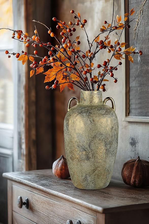 Large Ceramic Vase, 13.7" Tall Rustic Farmhouse Vase, Vintage Flower Vase with 2 Ears, Electroplated Terracotta Rustic Vases for Home, Living Room, Shelf, Mantel, Entryway, Wedding, Table Centerpiece