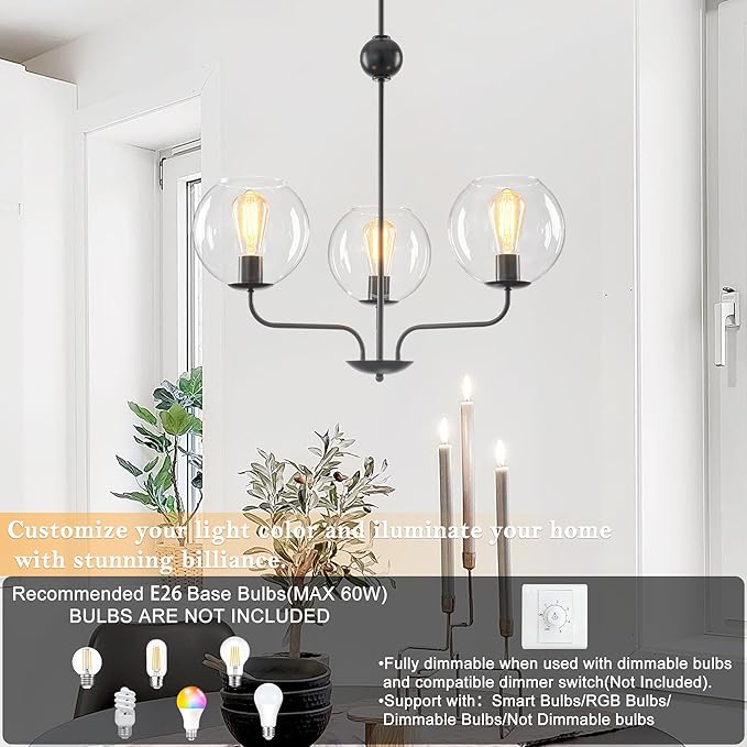3-Light Modern Globe Cluster Pendant Lighting Chandelier with Clear Glass Spheres and Black Metal Frame
