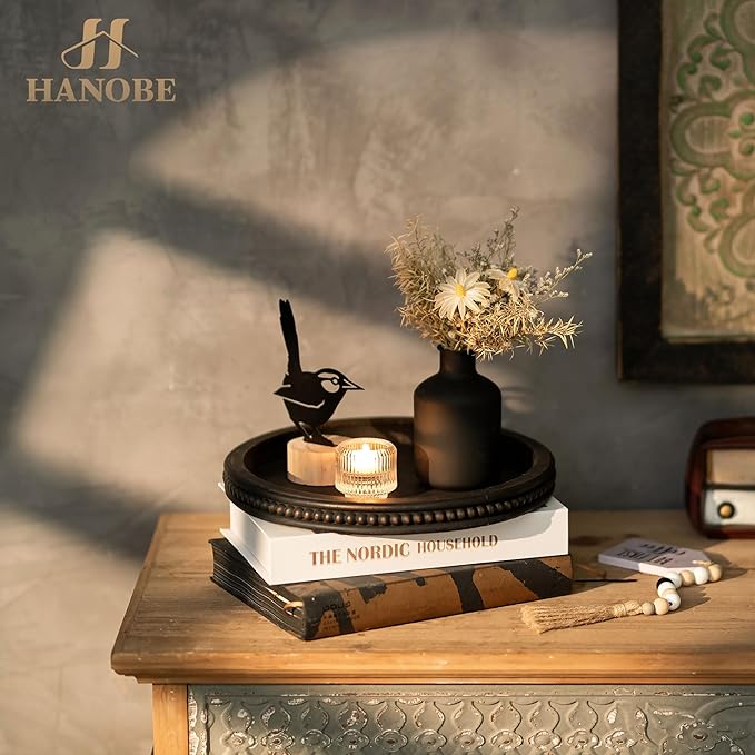 Hanobe Decorative Coffee Table Tray: Modern Farmhouse Beaded Round Tray Decor Rich Dark Brown Circle Wooden Ottoman Serving Platter for Centerpieces Kitchen Counter Bathroom