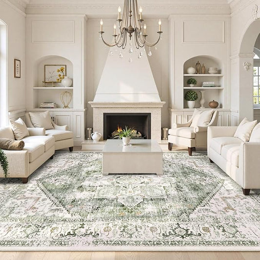 LIVEBOX Washable 9x12 Area Rugs, Large Rugs for Living Room Boho Soft Non-Slip Rug, Low-Pile Vintage Medallion Rug, Retro Indoor Carpet for Dining Room Bedroom Office Sage Green