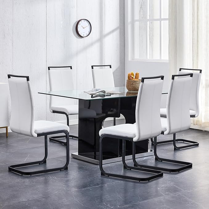 Glass Dining Room Table Set for 6,Dining Table Set for 6 with PU Leather Chairs,Retangular Dining Table with MDF Table Legs and Sliver Base for Dining Room