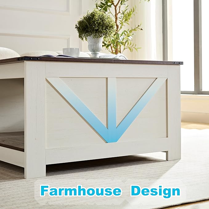 Farmhouse Coffee Table for Living Room, Wood Square Coffee Tables, 31.5" D x 31.5" W, Antique White