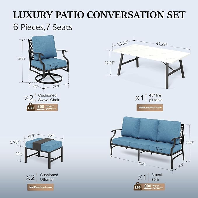 HERA'S HOUSE 6 Piece Patio Furniture Set, 2 x Swivel Cushioned Chair, 2 x Cushioned Ottoman, 1 x 3-Seat Sofa with Marbling Coffee Table, Outdoor Conversation Set for Lawn Garden Backyard, Navy Blue