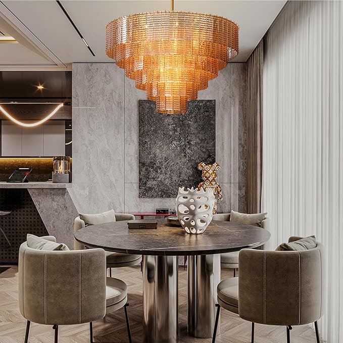 Large Chandelier, 41" Gold Chandelier for Dining Room, 18-Light Round Drum Kitchen Island Hanging Light Fixture，Amber Glass Linear Chandeliers Perfect for Living Room, Bedroom,Kitchen, Foyer