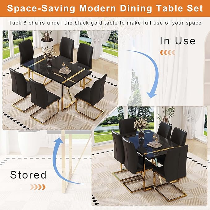 Black Dining Table Set for 6, 55" Dinner Table Set for 6, 1.5" Black Glossy Wood Tabletop with Gold Metal Legs, Modern Kitchen Table Set with 6 Bow-legged Faux Leather Chairs for Dining, Small Space
