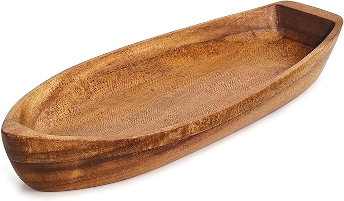 Lucky Boat Serving Tray, Acacia Solid Wood Boat Shape Plate for Serving Desserts, Fruit, Snack and Seafood or House Ornament,Key Tray,Functional and Storage Decorative Bowl。 (M)