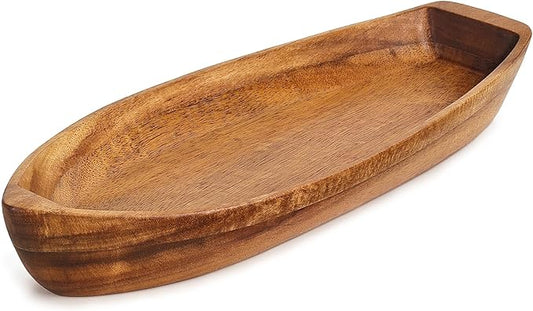 Lucky Boat Serving Tray, Acacia Solid Wood Boat Shape Plate for Serving Desserts, Fruit, Snack and Seafood or House Ornament,Key Tray,Functional and Storage Decorative Bowl。 (M)