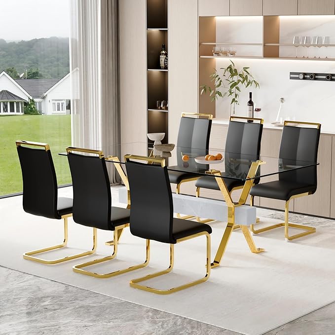 7 Piece Glass Dining Table Set, 79" Modern Dining Table Set for 6, 0.5" Thick Tempered Glass Tabletop with Silver Chrome Metal Legs and Grey Crossbar, 6 PU Chairs for Dining Room, Kitchen