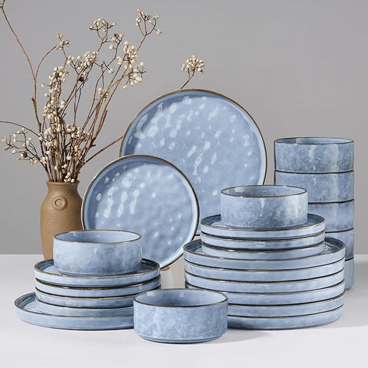 HaWare Dinnerware Sets, 24-Piece Plates and Bowls Set, Stoneware Dish Set for 8, Ceramic Dinnerware for Home Restaurant, Chip and Scratch Resistant, Microwave and Dishwasher Safe, Reactive Blue