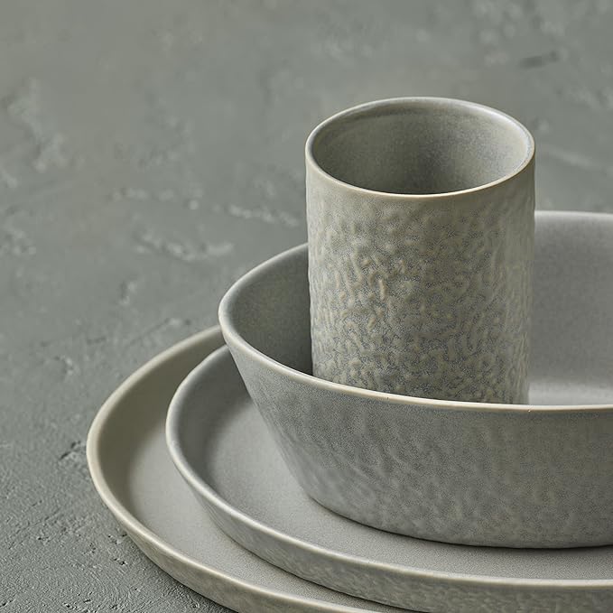 Stone Lain by Mercer Oval Stoneware 16-Piece Dinnerware Set, Light Grey