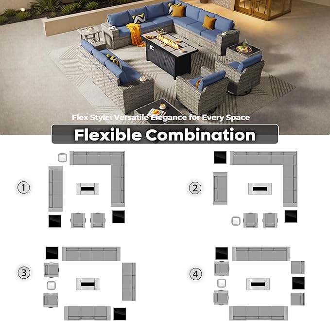 ovios 16 Pieces Patio Furniture Set, Outdoor Wicker Sectional Sofa with 54" Fire Pit Table Swivel Chairs, Modern Modular Deep Seat Rattan Couch Conversation Sets, Denim Blue