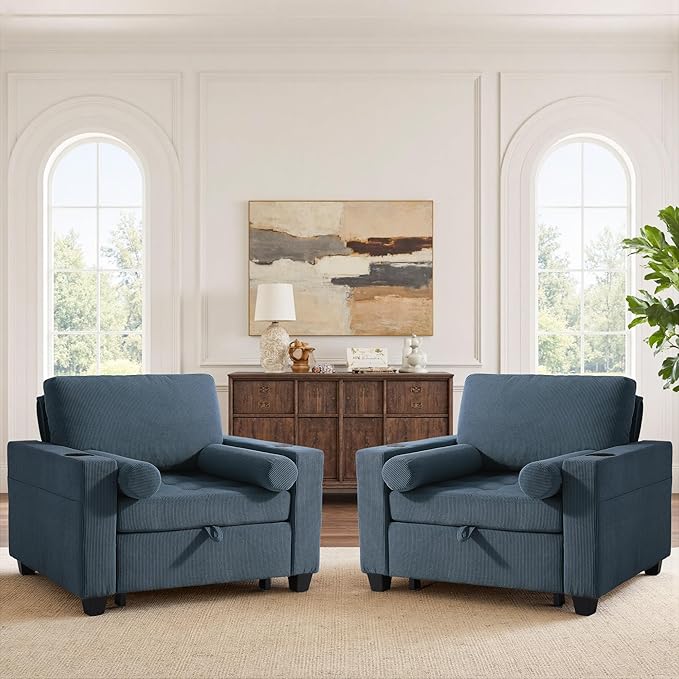 UIXE 3-in-1 Sleeper Sofa Chairs Set of 2, Pull Out Sofa Bed Convertible Reclining Seat Upholstered Armchair, Adjustable Backrest Recliner Chair with Side Pockets, Cup Holder & USB Ports - Navy Blue