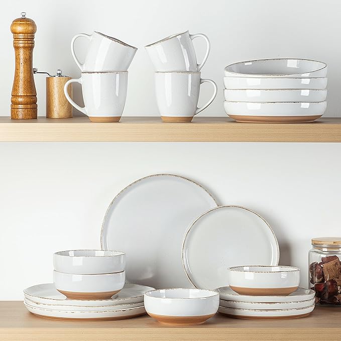 AmorArc 32 Pieces Ceramic Dinnerware Sets for 8, Handpainted Plates and Bowls Set with Rustic Terracotta Underside, Scratch Resistant Stoneware Dishes Set, Dishwasher & Microwave Safe,White