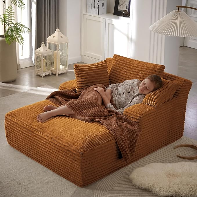 Boneless Couch Sofa Chiar Chaise Lounge Chair Indoor Upholstered Corduroy Couch Cloud Sleeper Sofa Oversized Reading Chair for Living Room No Assembly Required (Orange, 50" W x 67" D)